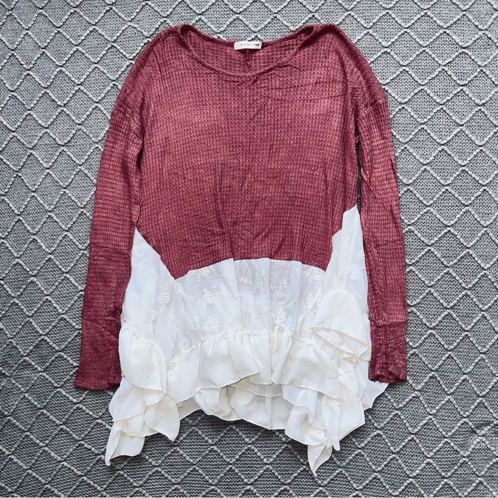Waffle Long Sleeve Tee with Lace and Ruffles Large L